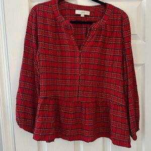 Red plaid peplum loose blouse